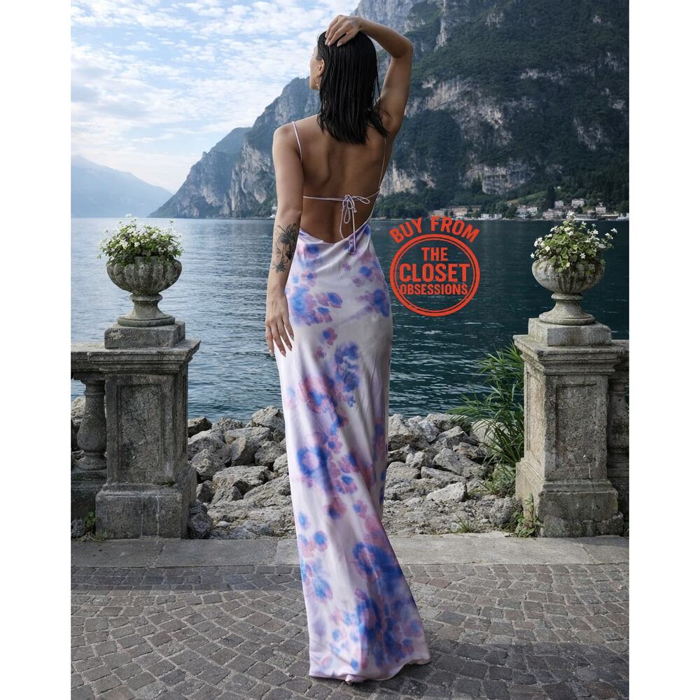 ZARA Watercolor Floral Maxi Dress NWT Cowl Neck Open Back Wedding Guest M L - Picture 5 of 16